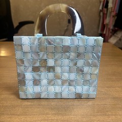 Shiraleah Top Handle Bag Womens Mini Blue Shell Plastic Checkered Beach Purse