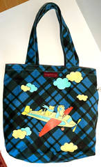 BUNGALOW 360 Blue Plaid Frequent Flyer Bag ANIMALS AIRPLANE Canvas Tote RETIRED