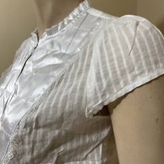 Women’s White Cotton Casual Sheer Striped Lace Satin Buttons Size L Blouse Top