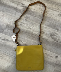 Fossil Yellow Pebbled Crossbody Bag, Zip Top Brown Strap Inner Pockets Gold