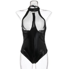 Women Leather Mesh Lingerie Zipper Bodysuit Dominatrix style