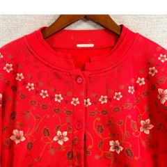 Vintage Granniecore Red Floral Print Button Front Fleece Cardigan Sweatshirt LG