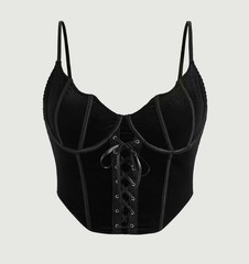 Black Velvet Lace-Up Underwire Bustier Corset Top, Adjustable Straps M