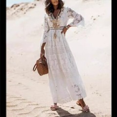 Women&rsquo;s Boho Maxi Lace V Neck Flare Sleeve Dress Summer Party Beach Sundress