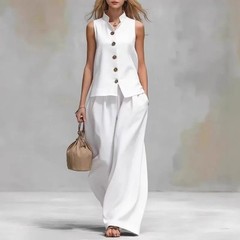 Bohemian High Waist 2Pcs Suit Women Stand Neck Sleeveless Button Vest Oversized