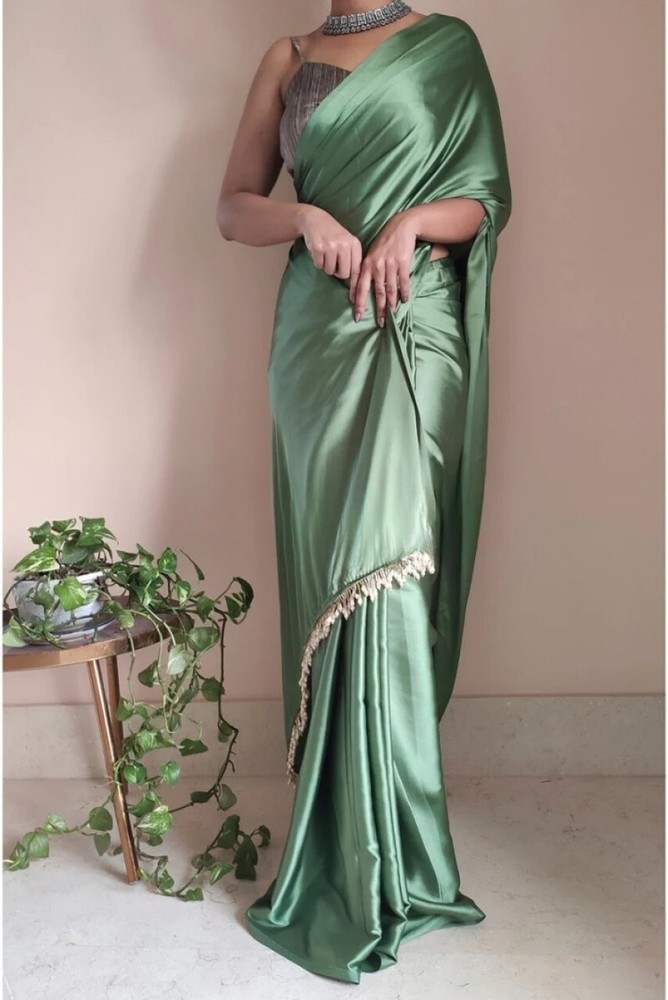Solid/Plain Bollywood Satin, Silk Blend Saree (Light Green)
