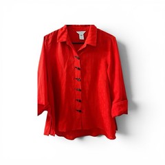 Multiples Red Woven Rayon Nylon Solid Collared Button Front 3/4 Blouse PL