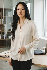 ST. JOHN Ecru Vanilla Logo Button Front Blouse Shirt Silk / Spandex Sz 10
