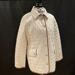 Chico&rsquo;s Quilted Jacket Size 2 US L Ivory Gold Snaps Pockets Classic Modern Luxe