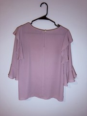LOFT Pink Solid Ruffle Flutter Sleeve Chiffon Round Neck Blouse Polyester S