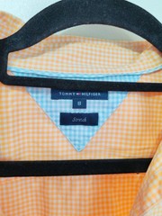 Tommy Hilfiger orange gingham check short sleeve shirt blouse 8 preppy