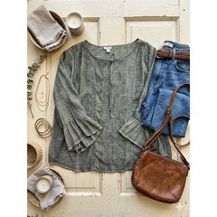 Spense Olive Green Embroidered Boho Blouse Lace Trim Ruffle Sleeve Top XL