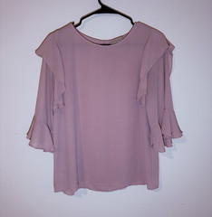 LOFT Pink Solid Ruffle Flutter Sleeve Chiffon Round Neck Blouse Polyester S