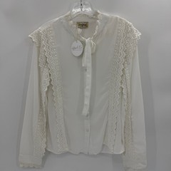 New LACE & BEAD White Crochet Blouse Size 12 Button Up Tie Neck Cottage Coquette
