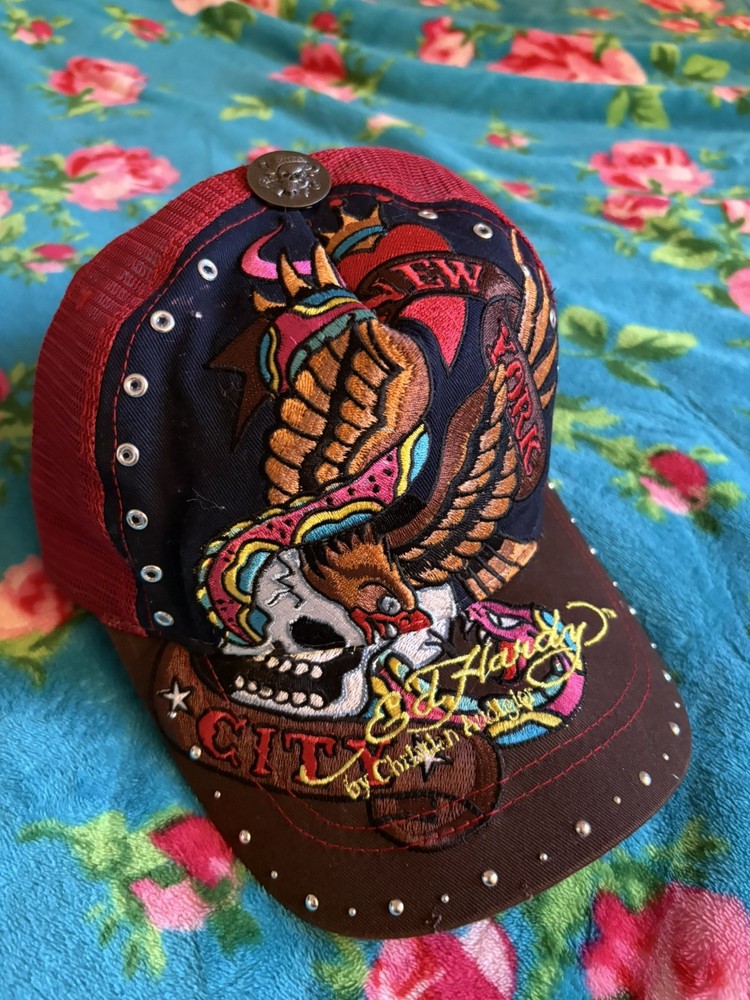 ~**ED HARDY NEW YORK CITY EAGLE TRUCKER HAT**~ Christian Audigier~EMBROIDERED