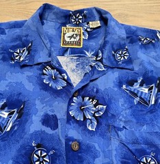 VTG Blue Sky Apparel Blue Hawaiian Shirt Mens L Short Sleeve Button Up Compass