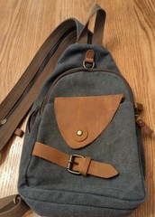 Grey Canvas Leather Sling Crossbody OR Backpack Rucksack. 5 Zipper. Convertible