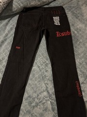 Ksubi Men&rsquo;s Black Slim Skinny Jeans Button Fly Red Embroidered Logo Dark Wash