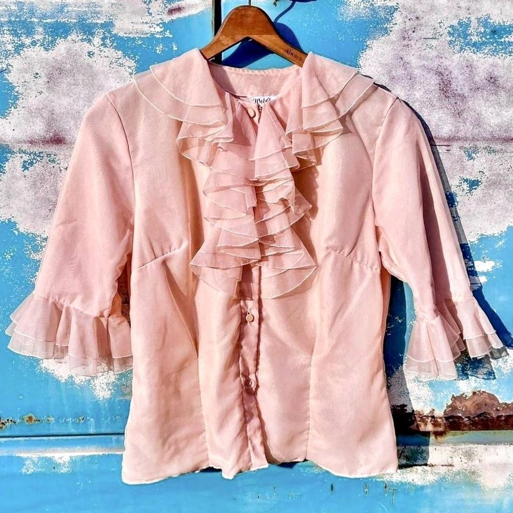 50s Weber peachy pink puff ruffle double layer nylon blouse