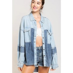 POL « Skyline » Two-Tone Patchwork Denim Colorblock Shirt Light Medium Blue Sz S