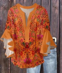 5 XL Orange Floral Bohemian Tunic Blouse with Ruffle 3/4 Sleeves for Women