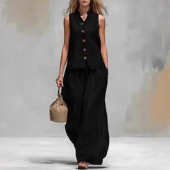 Bohemian High Waist 2Pcs Suit Women Stand Neck Sleeveless Button Vest Oversized