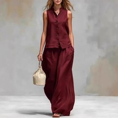 Bohemian High Waist 2Pcs Suit Women Stand Neck Sleeveless Button Vest Oversized