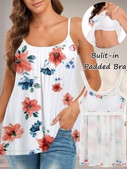 Women Built in Bra Cami Pleated Shirt Swing Loose Fit Tank Top Plus Size S-4XL