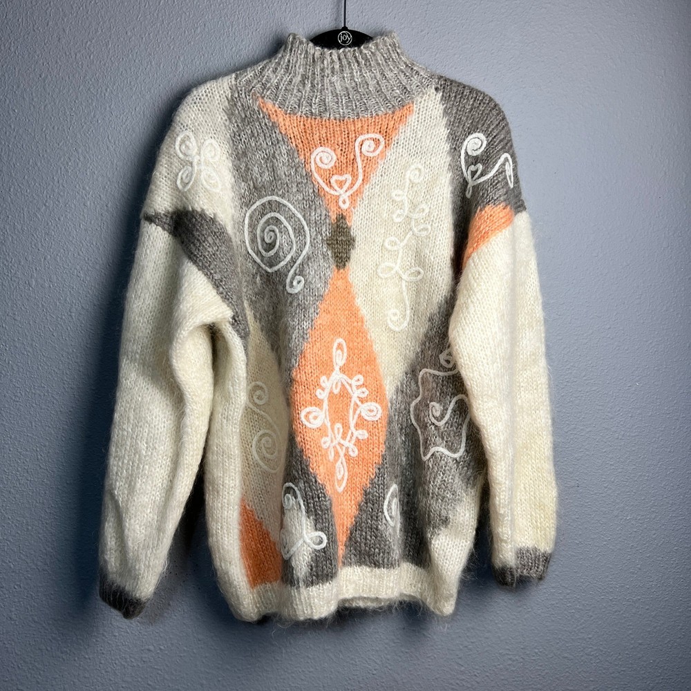 Classiques Vintage Argyle Diamond Knit Mock Neck Sweater M Mohair Acrylic Cozy