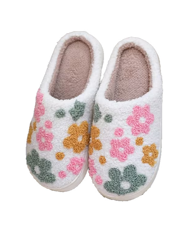 Floral Slippers size 8.5-9 42-43 Soft Plush Fleece Embroider TPR Sole Washable