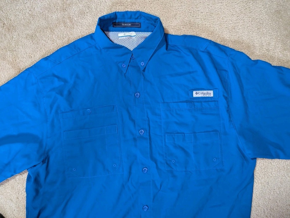 Columbia PFG Fishing Shirt Mens Size L Blue Short Sleeve Vented Button-Up UVA