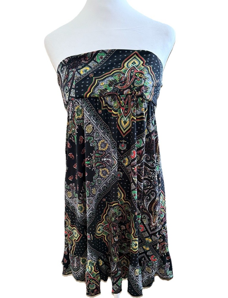 EVERLY PLANET LOVE Black Strapless Ruffled Bandana Print Mini Dress Tunic Size S