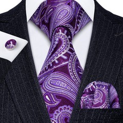 Silk Jacquard Tie Set Floral Violet Necktie Hanky Cufflinks Wedding Men&rsquo;s Ties