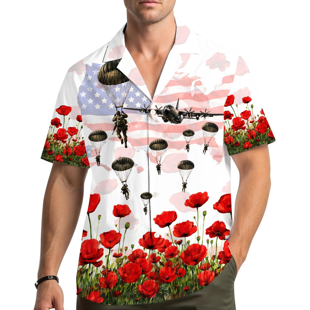Patriotic Paratrooper Hawaiian Shirt Men Women Youth American Flag Poppy Aloha S