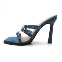 Glaze Women&rsquo;s Denim Slip-On Mules with 3 Buckle Strap Accent 4 Inch High Heels