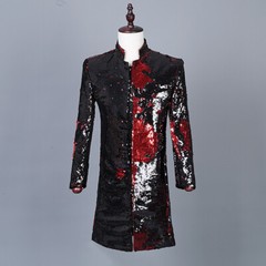 Men Mid Length Long Sequins Jacket Stage Performance Bling Glitter Coats Fashion