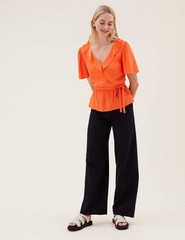M&S Orange Frill V-Neck – Mock Wrap Blouse With Angel Sleeve Size 14 RRP: £29.50