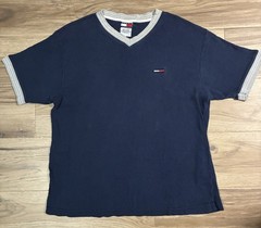 Vintage Tommy Jeans T-Shirt XL Navy Ribbed V-Neck Short Sleeve Embroidered Logo