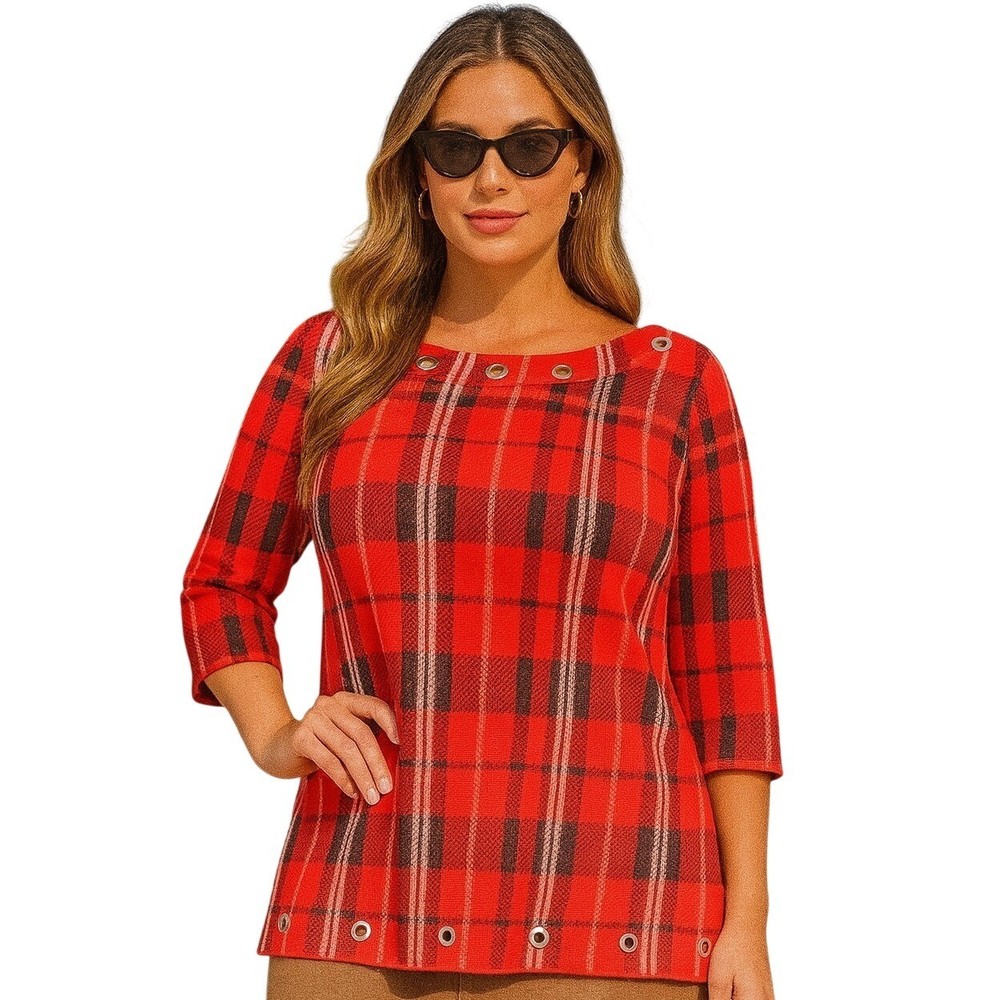 Belldini Red Plaid Knit Sweater with Metal Grommets Classic Holiday Pattern XL