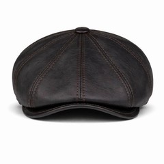 Vintage Brown Real Leather Cabbie Hat Newsboy Ivy Cap Ear Flaps