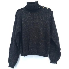 Vintage Toi Turtleneck Thick Ribbed Black & Gold Metallic Sweater Gold Buttons L