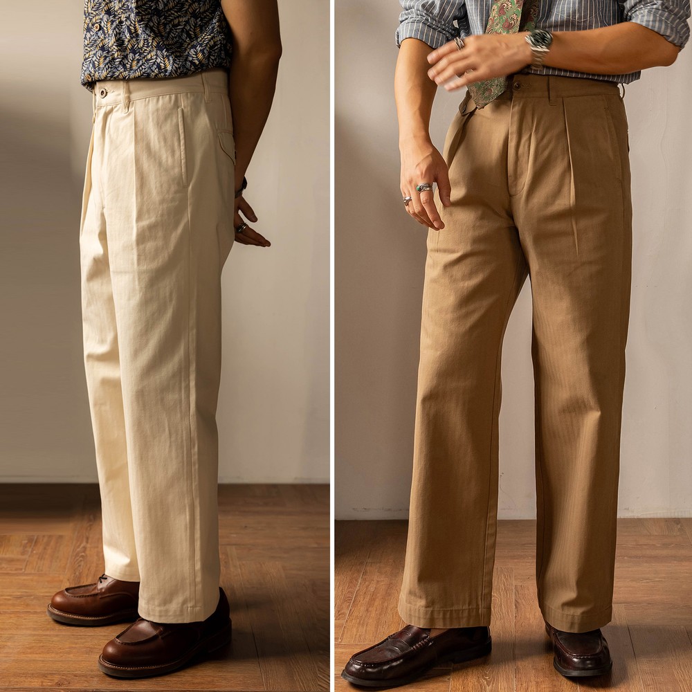 Red Tornado Retro Men&rsquo;s HBT Straight Pants Cotton Pleated Casual Formal Trousers