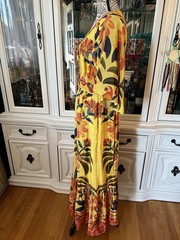 FARM Rio For Anthropologie Yellow Tropical Print Satin Like Fabric Maxi Dress M