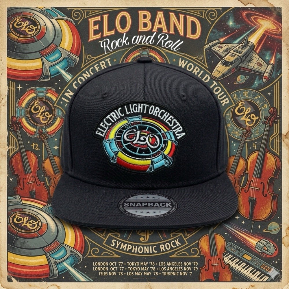 ELECTRIC LIGHT ORCHESTRA 🇺🇸E.L.O.🇺🇸ELO🇺🇸 FLAT BRIM SNAPBACK HAT🇺🇸 BLACK