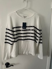 NWT. Women&rsquo;s Crown and Ivy white long sleeve black sequinced stripes