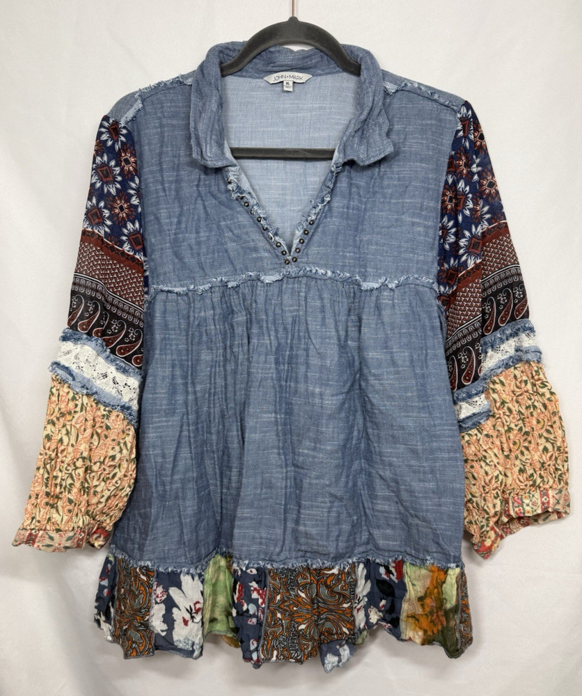 John Mark Patchwork Boho Peasant Blouse Women’s XL Floral Paisley Tunic Top
