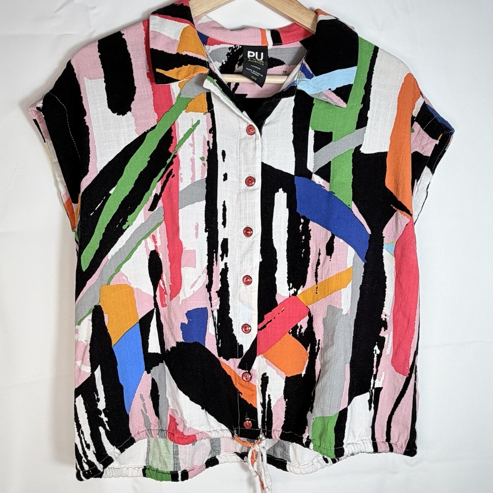 Pure Essence Abstract Geometric Button Art Blouse Top Medium Multicolor 80s