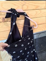Vtg Ruby Rox Black Polka Dot Halter Dress W/ White Flower Applique L Rockabilly