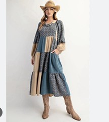 ED27367 Teal Khaki Patchwork Washed Cotton Gauze Dress