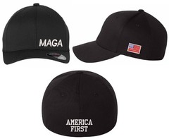 Trump MAGA Embroidered Hat w/ Small MAGA, USA Flag and Back AMERICA FIRST Design